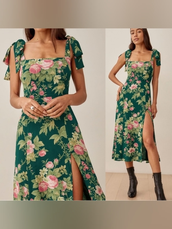 Reformation Dresses & Skirts - Reformation Dark Green Floral Midi Dress with Pink Blooms